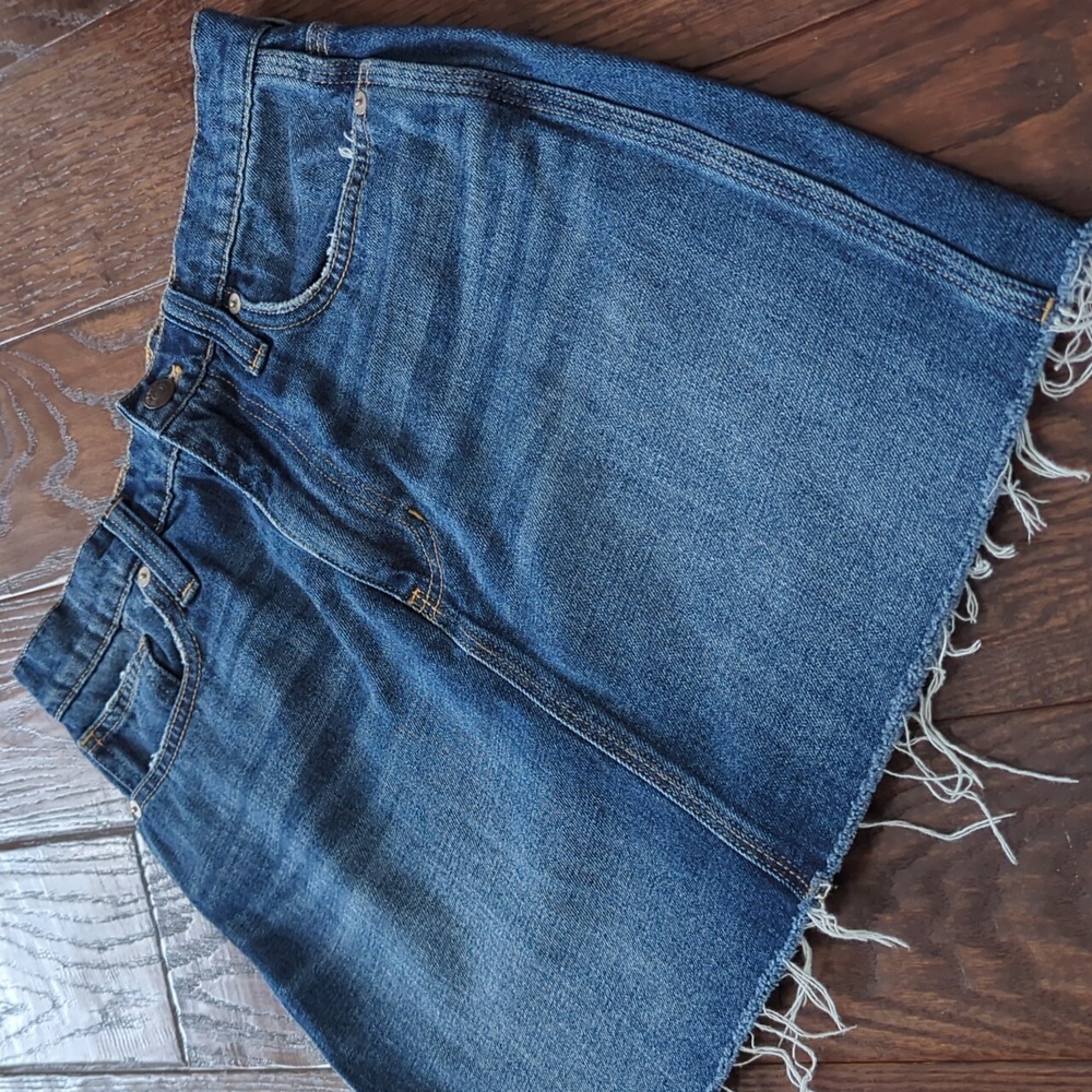 MADEWELL I Blue Cotton Denim Frayed Raw Edge Distressed Hem Mini Skirt, 26
